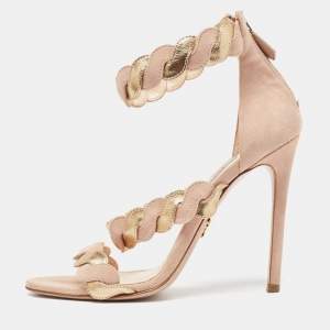 Prada Beige/Gold Suede and Leather Braided Ankle Cuff Sandals Size 38.5