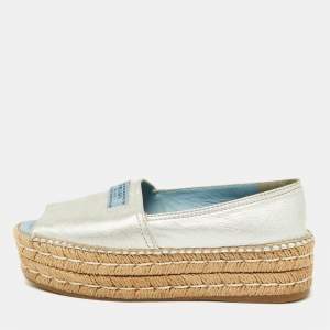 Prada Metallic Silver Leather Open Toe Platform Espadrille Flats Size 36.5