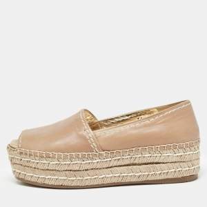 Prada Beige Leather Peep Toe Espadrilles Platform Flats Size 36