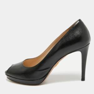 Prada Black Saffiano Vernice Leather Peep Toe Platform Pumps Size 36