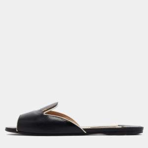 Prada Black Patent Leather Logo Embellished Flat Slides Size 37.5