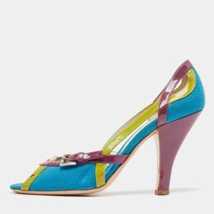 Prada Tricolor Canvas and Patent Leather Peep Toe Pumps Size 40.5