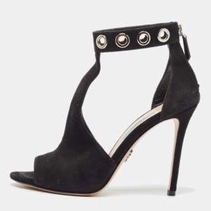 Prada Black Suede Eyelet Detail T-Bar Ankle Strap Sandals Size 36