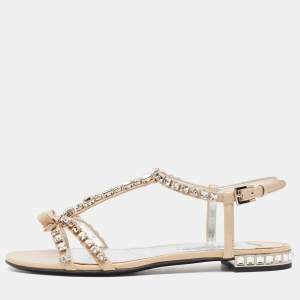 Prada Beige Patent Leather Crystal Embellished Bow Ankle Strap Sandals Size 36.5