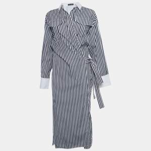Pre Owned Proenza Schouler Black / White Striped Cotton Cut -Out Wrap Around Shirt Dress M