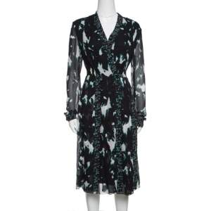 Proenza Schouler Black Printed Silk Pleated Long Sleeve Dress S