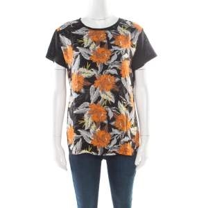 Proenza Schouler Black Slub Jersey Contrast Floral Print T-Shirt S