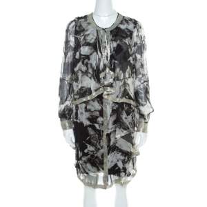 Proenza Schouler Monochrome Abstract Print Sheer Silk Embellished Waterfall Jacket and Dress Set M