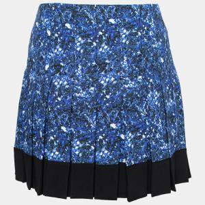 Pre Owned Proenza Schouler Blue and Black Micro Printed Silk Georgette Pleated Skirt S