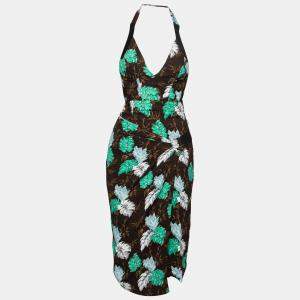 Proenza Schouler Brown Jungle Leaf Print Draped Halter Midi Dress S