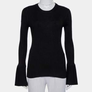 Proenza Schouler Black Rib Knit Bell Sleeve Crewneck Top S