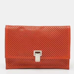 Pre Owned Proenza Schouler Orange Perforated Leather Flap Clutch