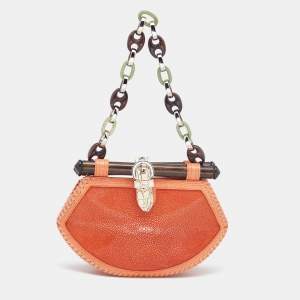 Proenza Schouler Orange/White Textured Leather and Stingray Tika Clutch Bag 