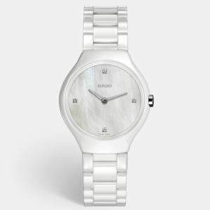 Rado White Mother Pearl Diamond High-Tech Ceramic True Thinline R27958902 Women's Wristwatch 30 mm