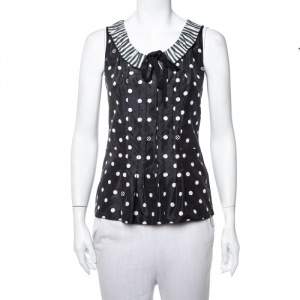 Louis Vuitton Black Polka Dot Printed Silk & Cotton Contrast Neck Detail Sleeveless Top XS