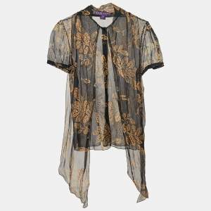 Pre Owned Ralph Lauren Collection Navy Blue/Gold Print Silk Ruffled Sheer Shirt M
