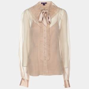 Pre Owned Ralph Lauren Collection Beige Silk Ruffled Detail Top S