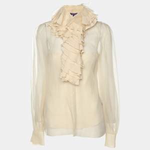 Ralph Lauren Collection Beige Chiffon Ruffled Trim Tops S