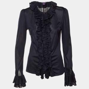 مملوكة مسبقًا Ralph Lauren Collection Navy Blue Cotton Frill Detail Sheer Blouse M