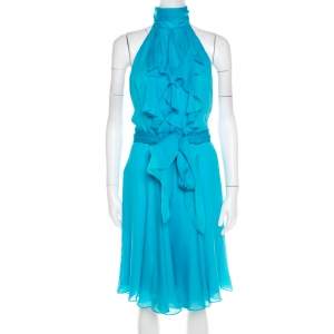 Ralph Lauren Collection Sky Blue Silk Ruffled Blackless Halter Dress M