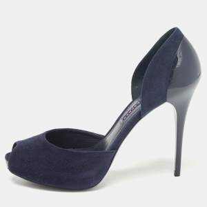 Ralph Lauren Collection Navy Blue Suede Peep Toe D'orsay Pumps Size 37.5