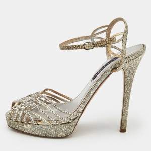 Ralph Lauren Collection Grey Leather Crystal Embellished  Platform Sandals Size 38