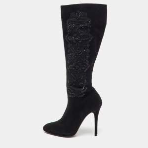 Pre Owned Ralph Lauren Collection Black Suede Embroidered Patchwork Knee Length Boots Size 40
