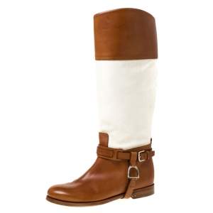 Ralph Lauren Tan/White Canvas and Leather Riding Knee High Boots Size 37