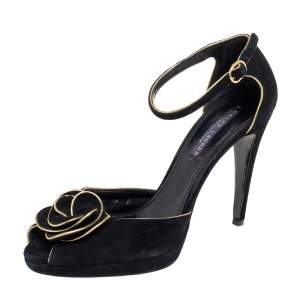 Pre Owned Ralph Lauren Collection Black Suede Rose Peep Toe Ankle Wrap Sandals 38