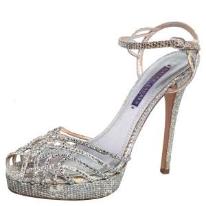 Ralph Lauren Collection Grey/White Snake Embossed Leather Crystal Embellished Platform Sandals Size 38.5
