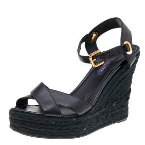 Ralph Lauren Collection Black Leather Criss Cross Espadrilles Platform Wedge Ankle Strap Sandals Size 41