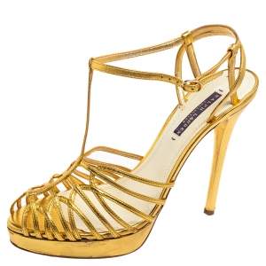 Ralph Lauren Gold Leather Peep-Toe Ankle-Strap Sandals Size 41 