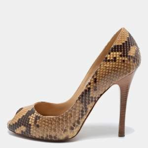 Ralph Lauren Beige/Brown Python Peep Toe Pumps Size 36.5