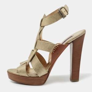 Ralph Lauren Collection Gold Lizard Embossed Leather Ankle Strap Sandals Size 40.5 