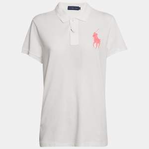 Pre Owned Ralph Lauren White Cotton Pique Pink Pony Polo T-Shirt XL