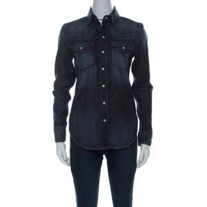 Pre Owned Ralph Lauren Blue Medium Wash Denim Vintage Finish Snap Button Shirt S 