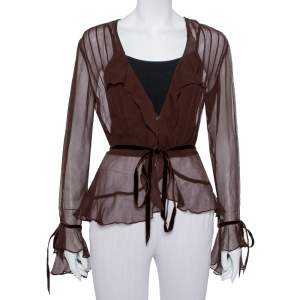 مملوكة مسبقًا توب رالف لورين حرير بني بكشكشة مزينة مقاس كبير - لارج