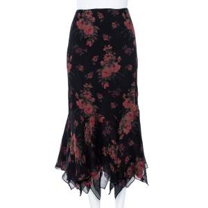 Ralph Lauren Black Floral Printed Silk Gathered Detailed Midi Skirt M