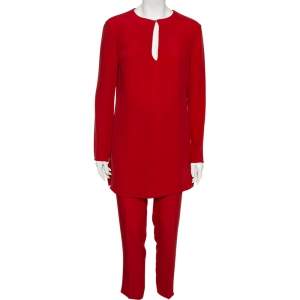 Pre Owned Ralph Lauren Red Crepe Long Sleeve Blouse & Pant M