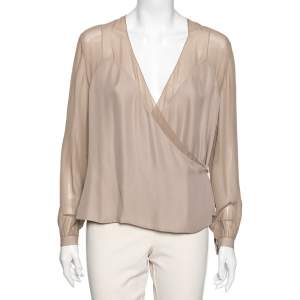 Pre Owned Ralph Lauren Taupe Silk Georgette Raina Wrap Blouse M 