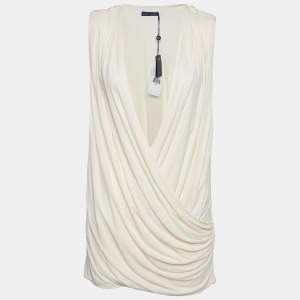 Pre Owned Ralph Lauren Cream Jersey Knit Plunging Neck Wrap Top XL