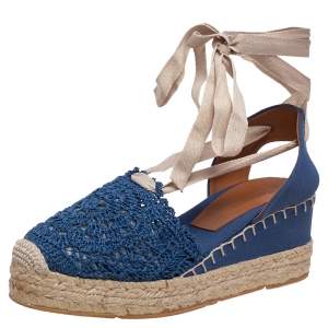 Pre Owned Ralph Lauren Blue Crochet Fabric Uma Espadrille Wedge Ankle Wrap Platform Sandals Size 41