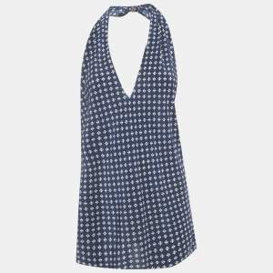 Pre Owned Ralph Lauren Purple Label Navy Blue Printed Silk Halter Top M