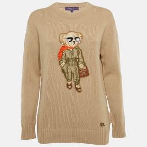 مملوكة مسبقًا Ralph Lauren Purple Label Beige Teddy Applique Cashmere Sweater S