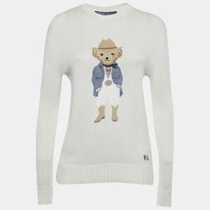 Pre Owned Polo Ralph Lauren Ivory Suede Teddy Applique Knit Sweater XS