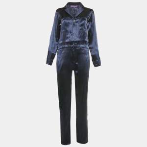 Ralph Lauren Purple Label Navy Blue Silk Lurex Long Sleeve Jumpsuit M