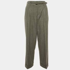 Ralph Lauren Grey Striped Wool Belted Formal Trousers S