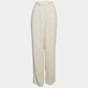 Ralph Lauren Purple Label Off-White Crepe Contrast Trim Straight Leg Trousers M