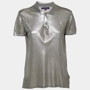 Ralph Lauren Purple Label Silver Metallic Silk-Knit Polo T-Shirt M