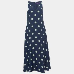 Ralph Lauren Purple Label Navy Blue Polka Dot Printed Silk Sleeveless A-Line Maxi Dress M